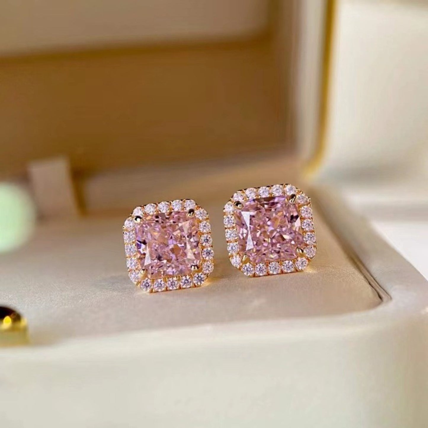 “Pretty In Pink” Artificial Gemstone Square Stud Earrings