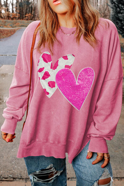 “The Childish Heart” Plus Size Heart Sequin Round Neck Sweatshirt