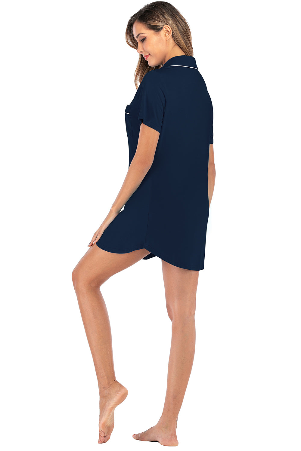 “The Sleep Instincts” Contrast Piping Pocketed Short Sleeve Lounge Dress