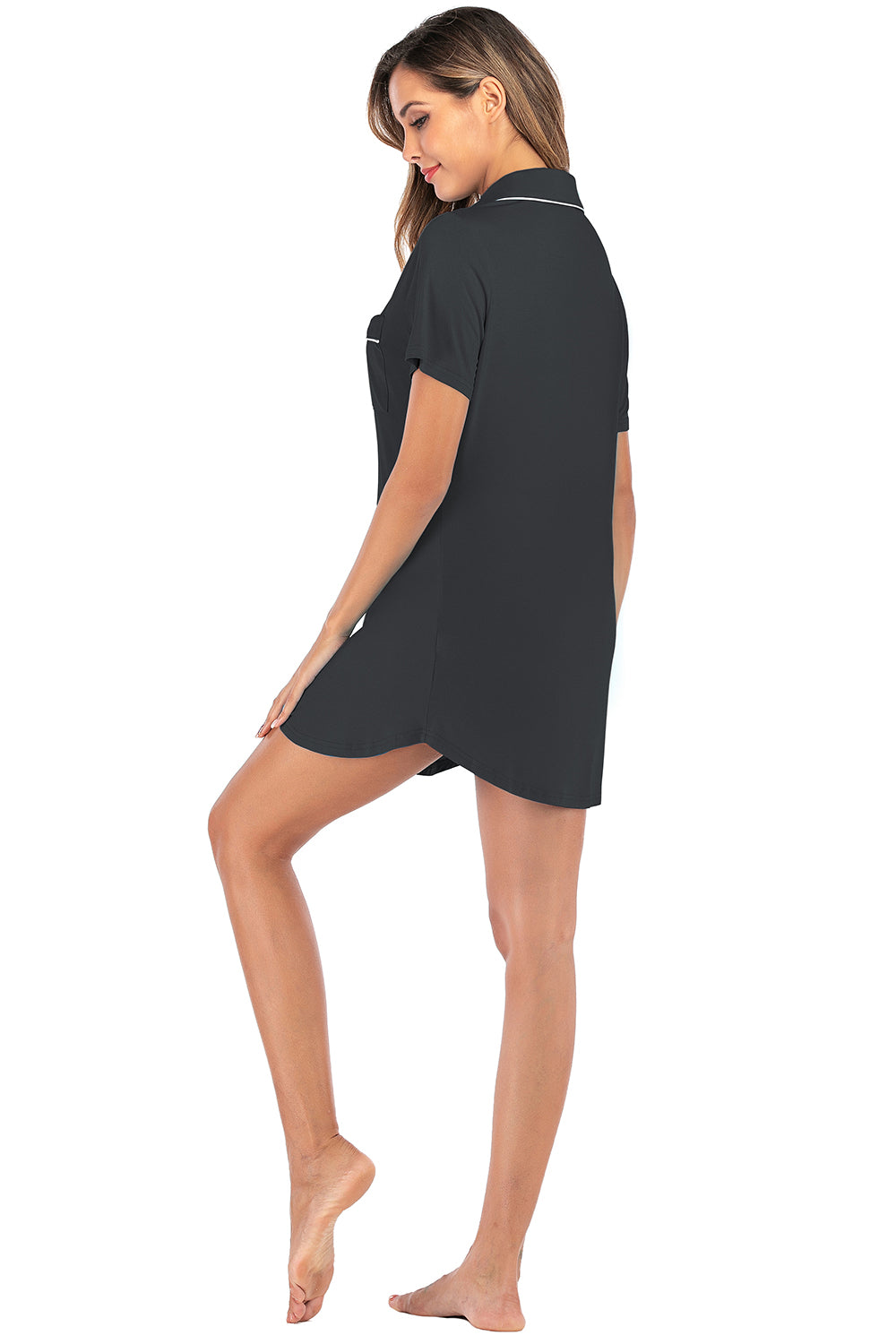 “The Sleep Instincts” Contrast Piping Pocketed Short Sleeve Lounge Dress