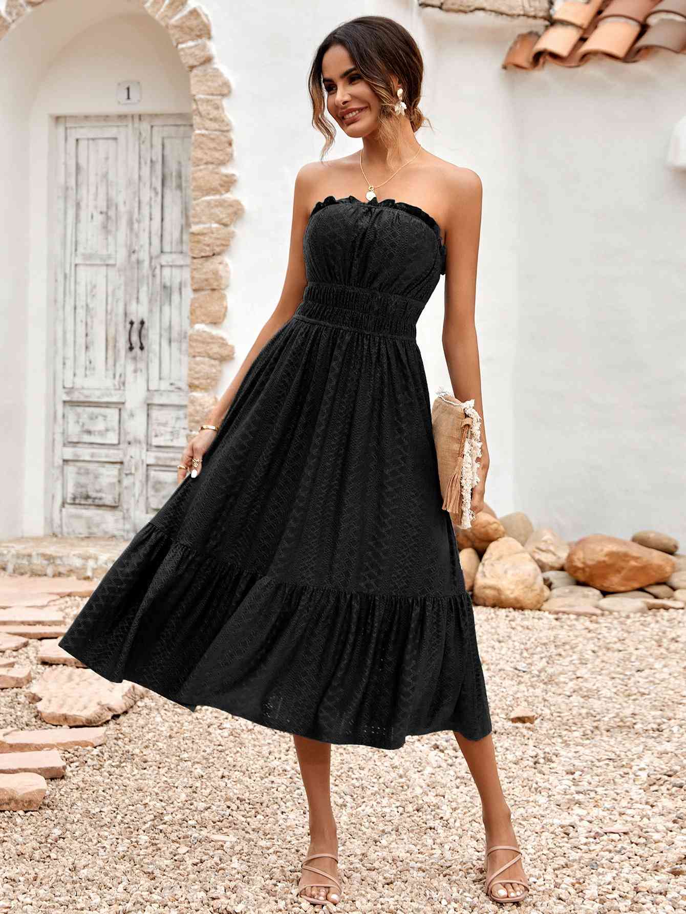 “The Baseline” Frill Trim Strapless Midi Dress