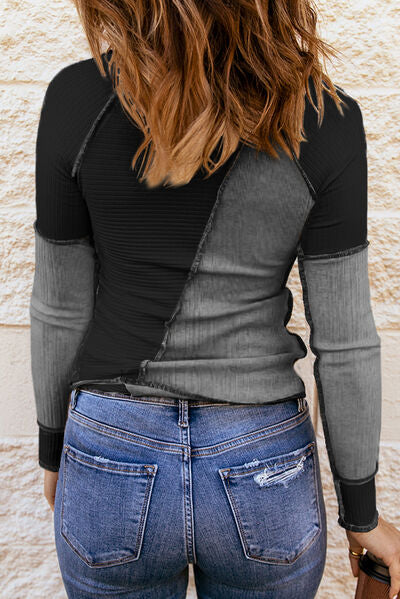 “The Tattered New Thing” Color Block Round Neck Long Sleeve T-Shirt