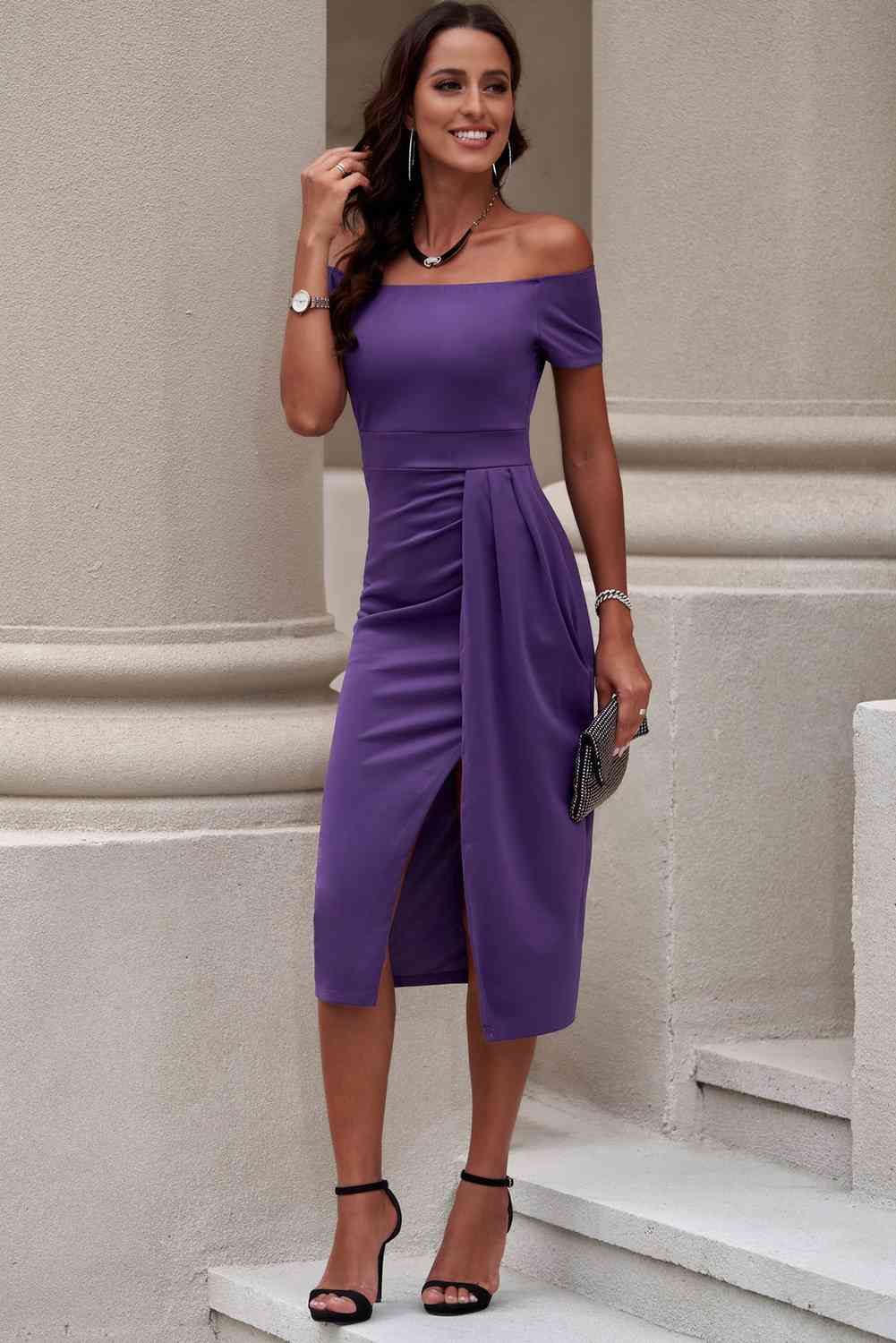 “The Cassie” Off-Shoulder Short Sleeve Split Dress