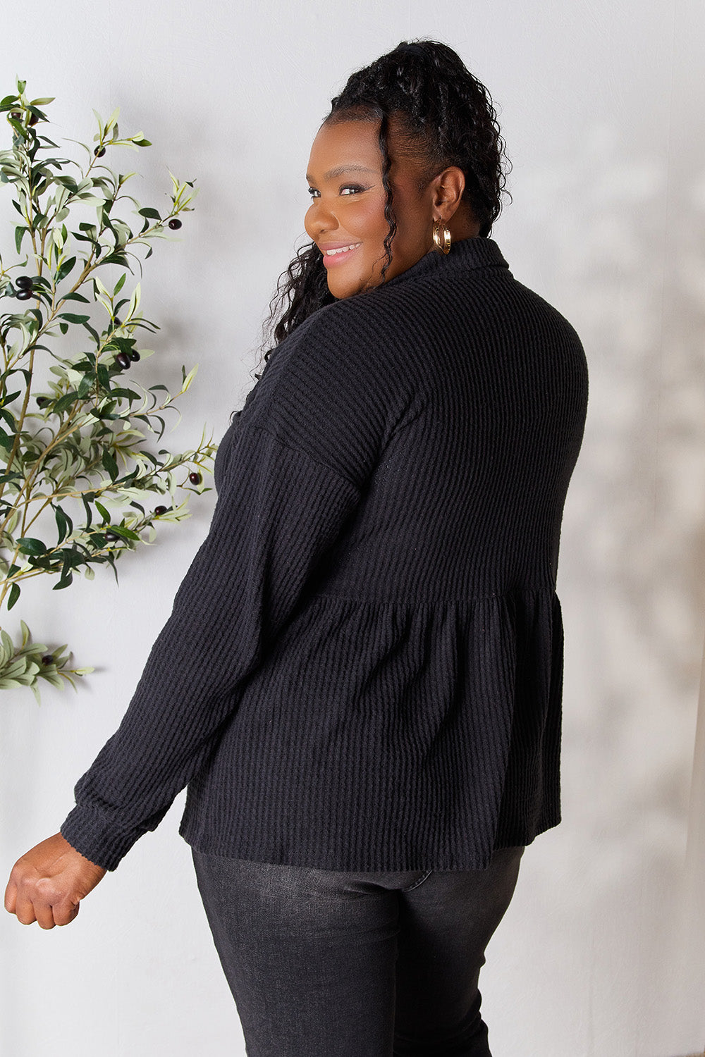 “The Bailey” Full Size Waffle-Knit Button Down Blouse