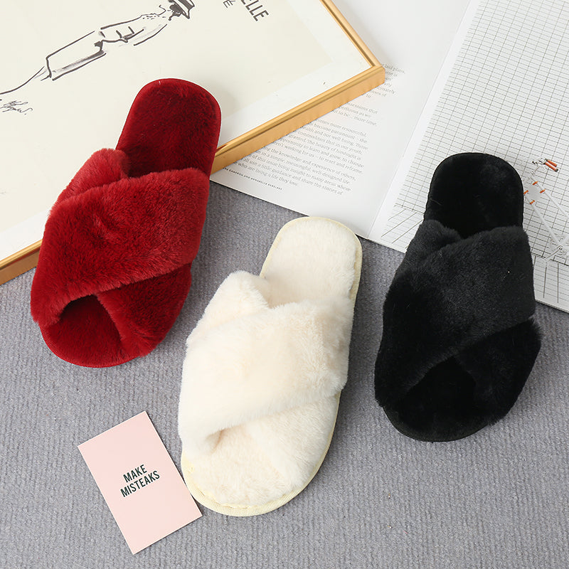 “The Softie” Faux Fur Crisscross Strap Slippers