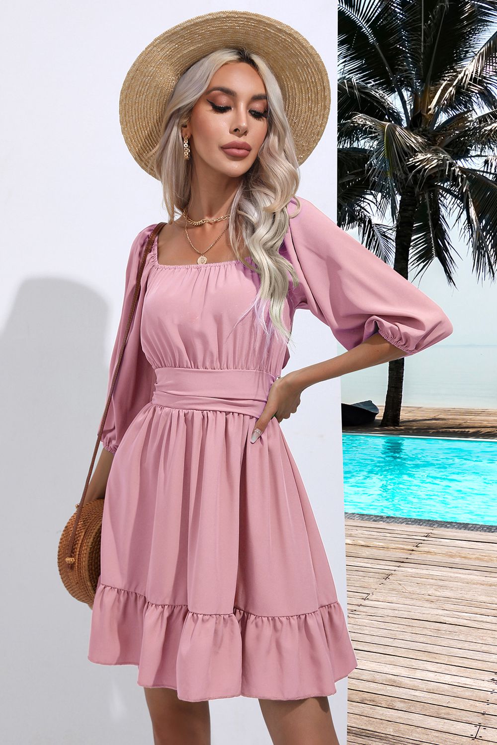 “The Happy Days” Square Neck Tie Back Ruffle Hem Dress