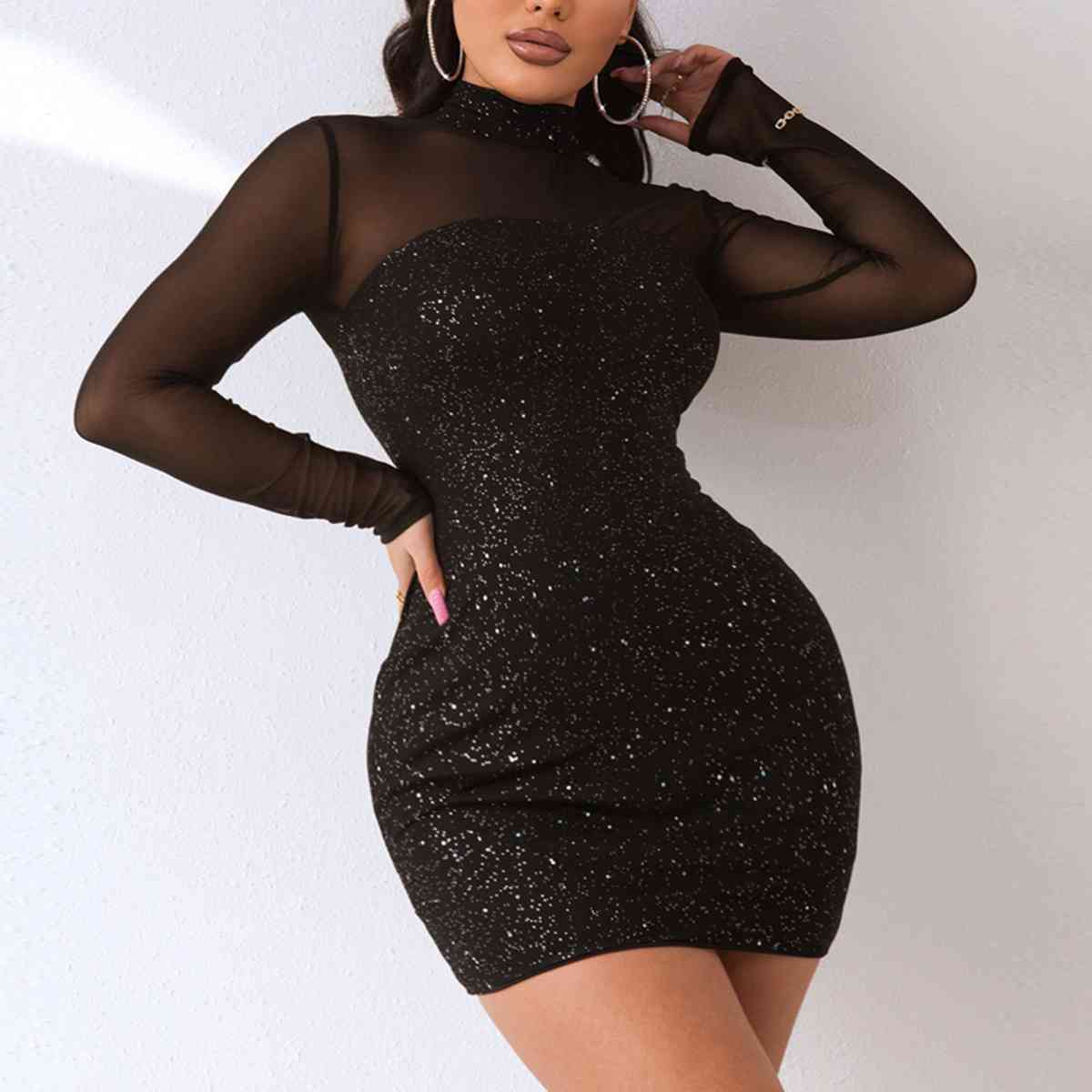 “The Go Get Em” Sequin Mock Neck Mesh Dress