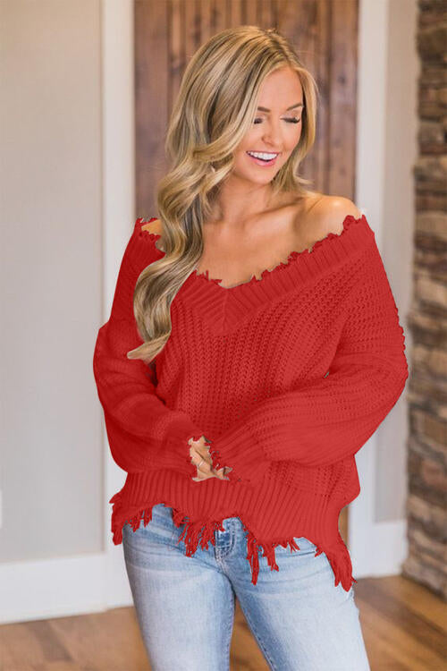 “The Deeply Loved” Frayed Hem Dropped Shoulder Sweater