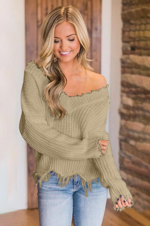 “The Deeply Loved” Frayed Hem Dropped Shoulder Sweater