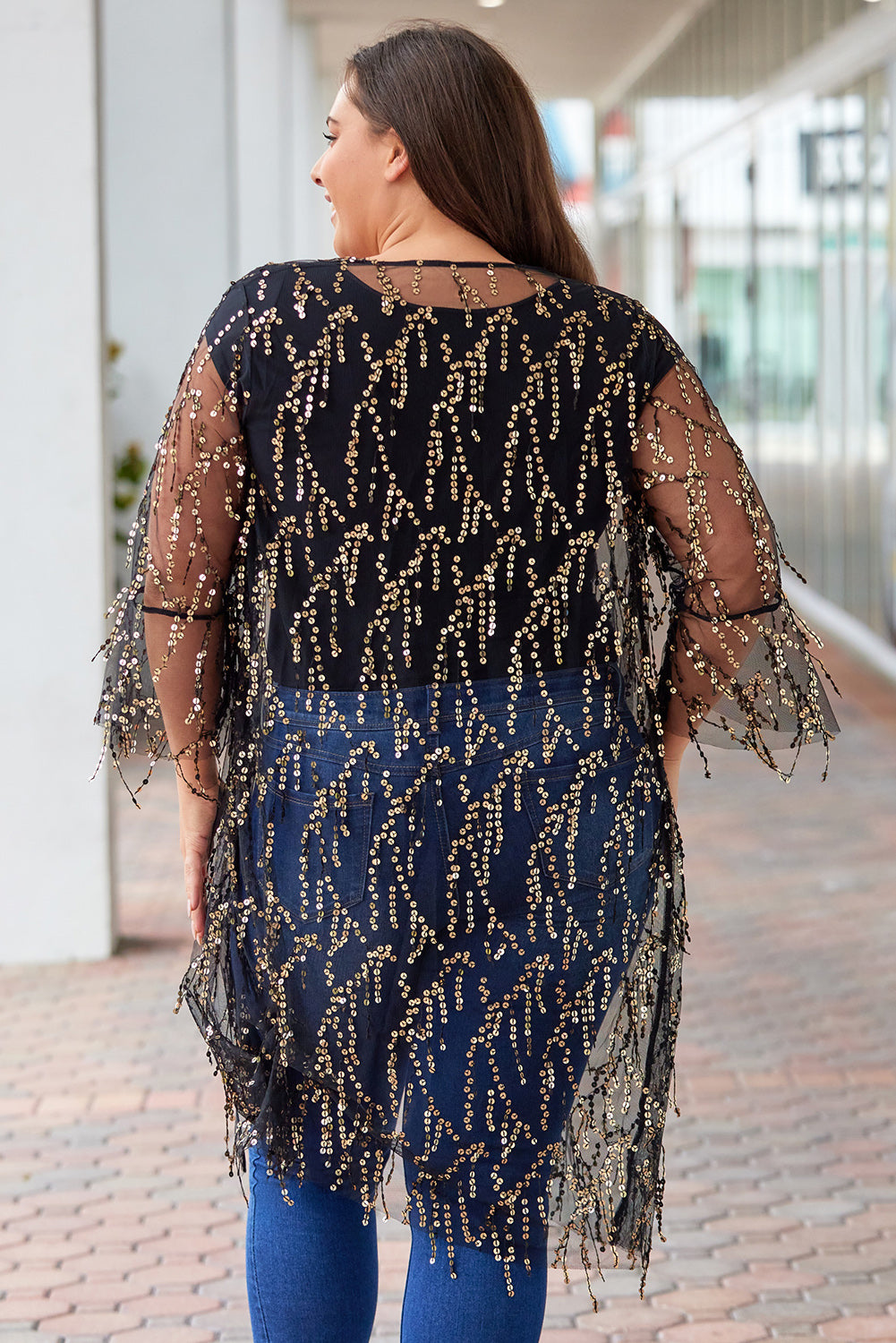 “The Dream Net” Plus Size Contrast Sequin Sheer Mesh Cardigan