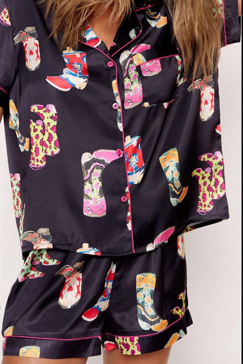 “The Sleepy Cowgirl” Printed Button Up Short Sleeve Top and Shorts Lounge Set