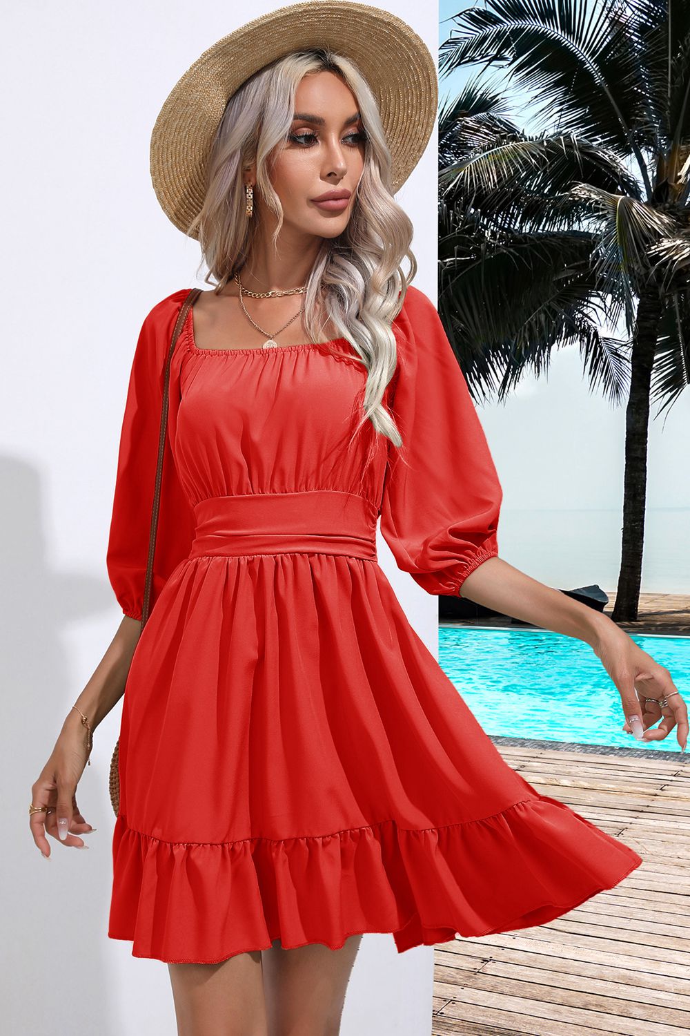 “The Happy Days” Square Neck Tie Back Ruffle Hem Dress