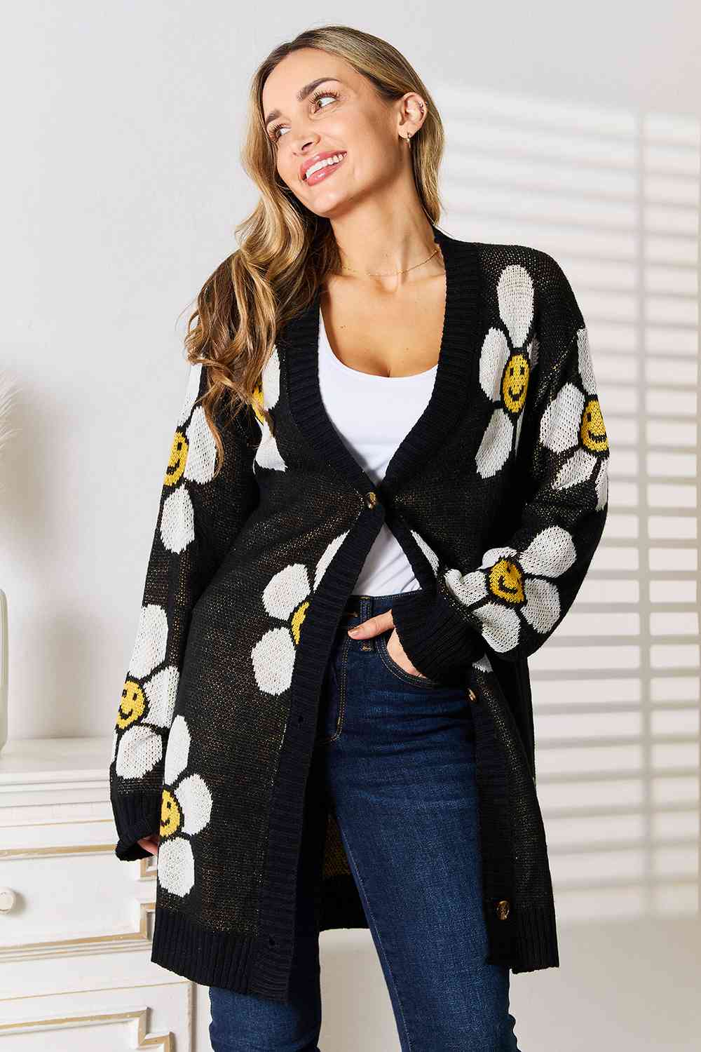 “The Double Daisy” Floral Button Down Longline Cardigan