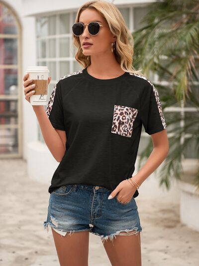 “The Wild One” Pocketed Leopard Round Neck Short Sleeve T-Shirt