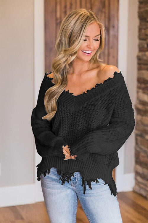 “The Deeply Loved” Frayed Hem Dropped Shoulder Sweater