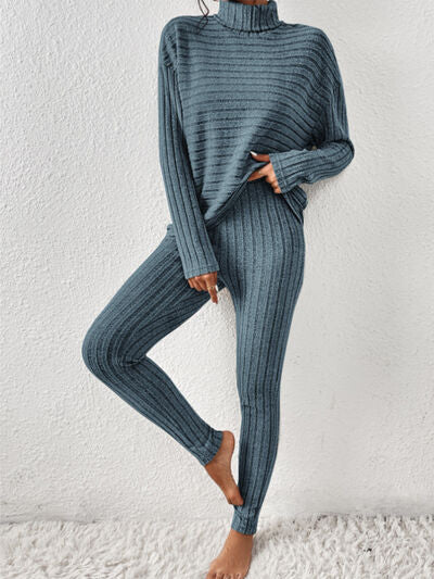 Ribbed Turtleneck Top and Pants Set