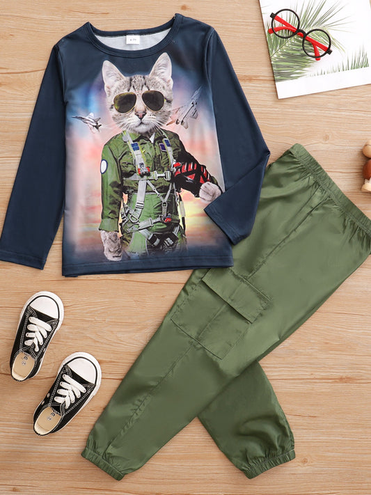 “Brickie Boys: The Cool Cat” Graphic Round Neck Top and Pocketed Pants Set