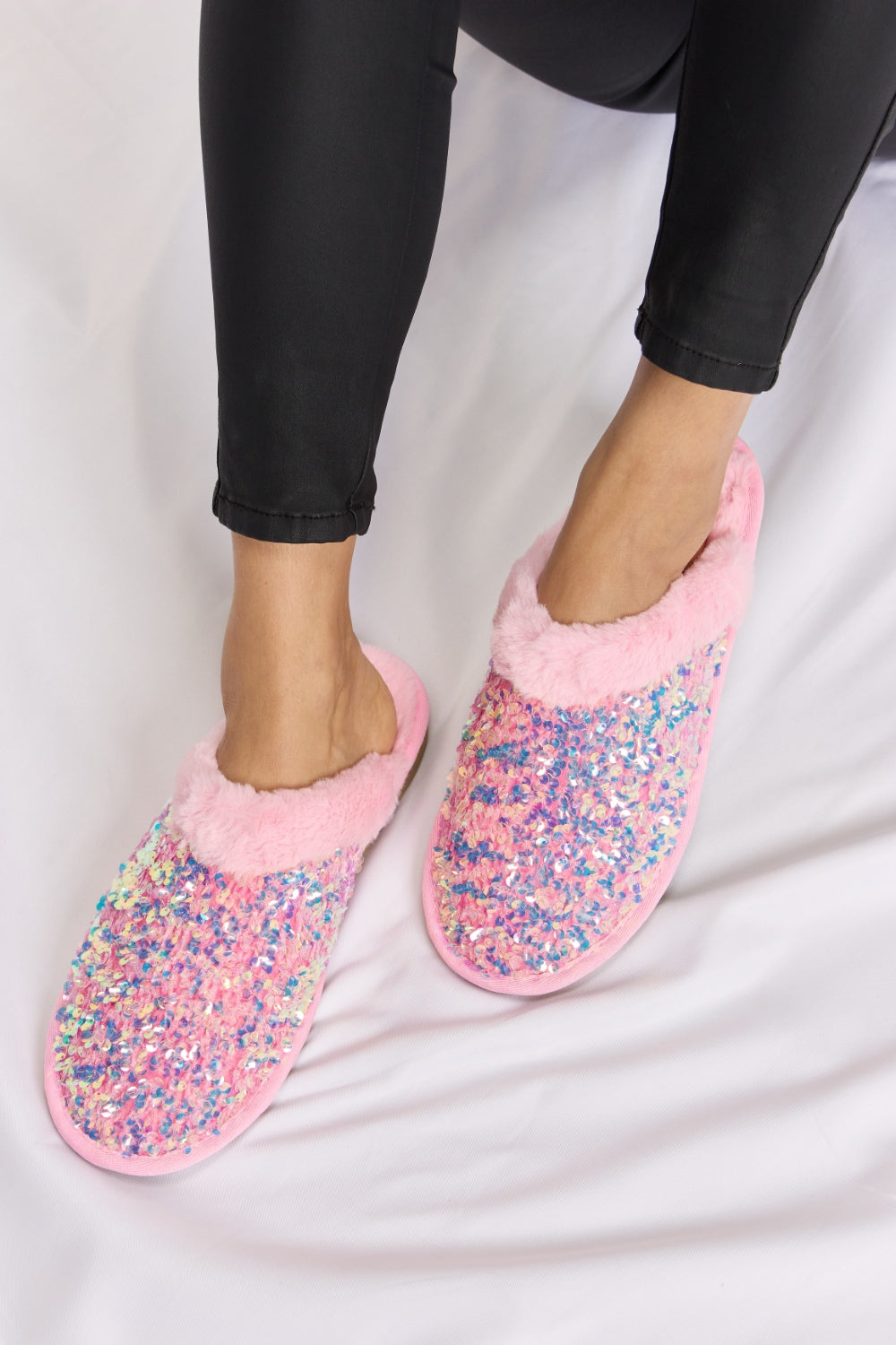 “The Pink Slip” Link Sequin Plush Round Toe Slippers