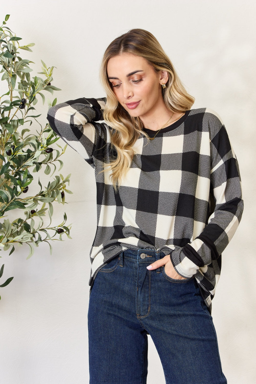 “The Checkered Celeste” Full Size Plaid Round Neck Long Sleeve T-Shirt