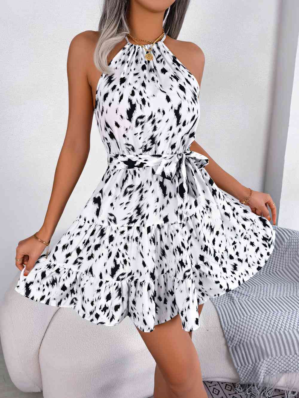 “The Flinstone” Halter Neck Printed Tie Waist Sleeveless Mini Dress