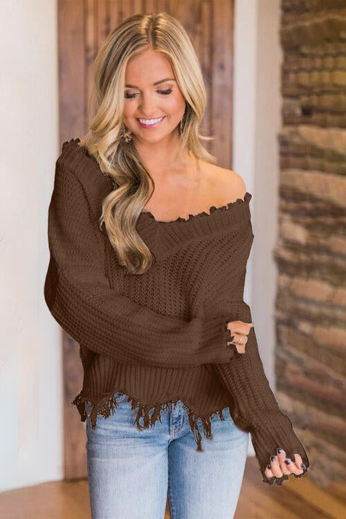 “The Deeply Loved” Frayed Hem Dropped Shoulder Sweater