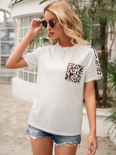 “The Wild One” Pocketed Leopard Round Neck Short Sleeve T-Shirt