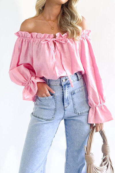 “The Cottage Cutie” Drawstring Off-Shoulder Flounce Sleeve Blouse