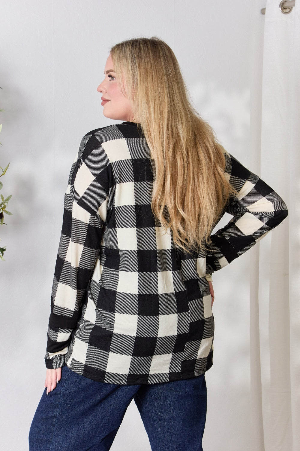 “The Checkered Celeste” Full Size Plaid Round Neck Long Sleeve T-Shirt