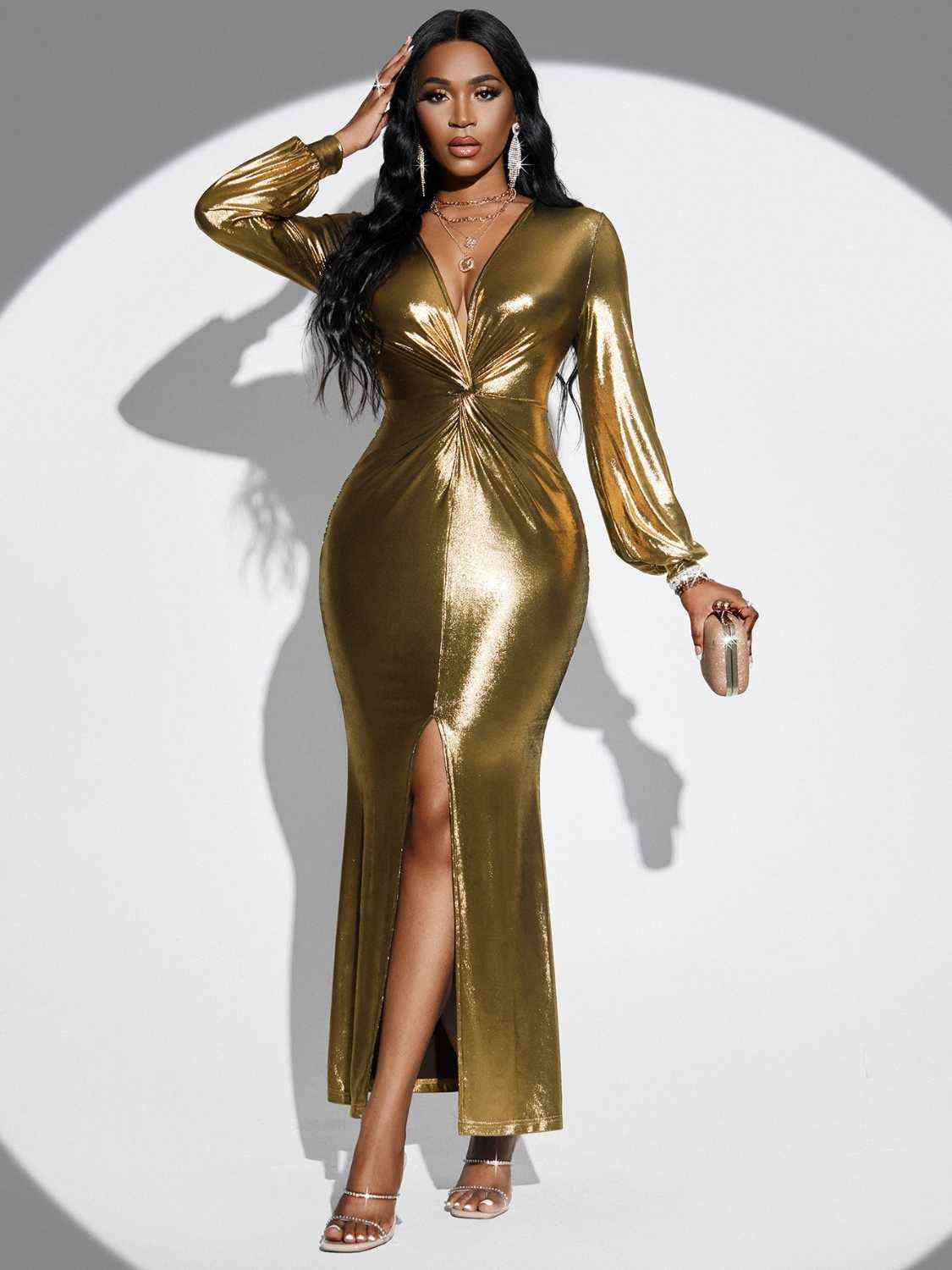 “The Golden Trophy” Plunge Twisted Slit Midi Dress