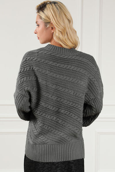 “The Y2Cable”-Knit Mock Neck Dropped Shoulder Sweater