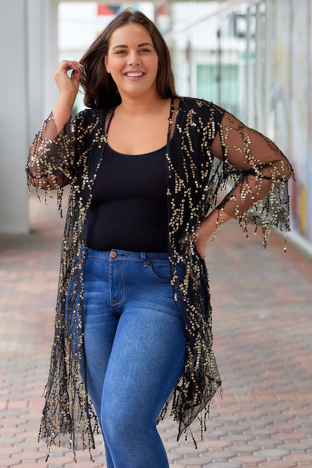 “The Dream Net” Plus Size Contrast Sequin Sheer Mesh Cardigan