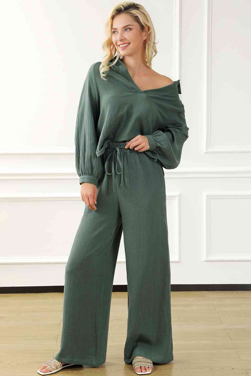 “The Well Rested” Collared Neck Top and Drawstring Pants Set