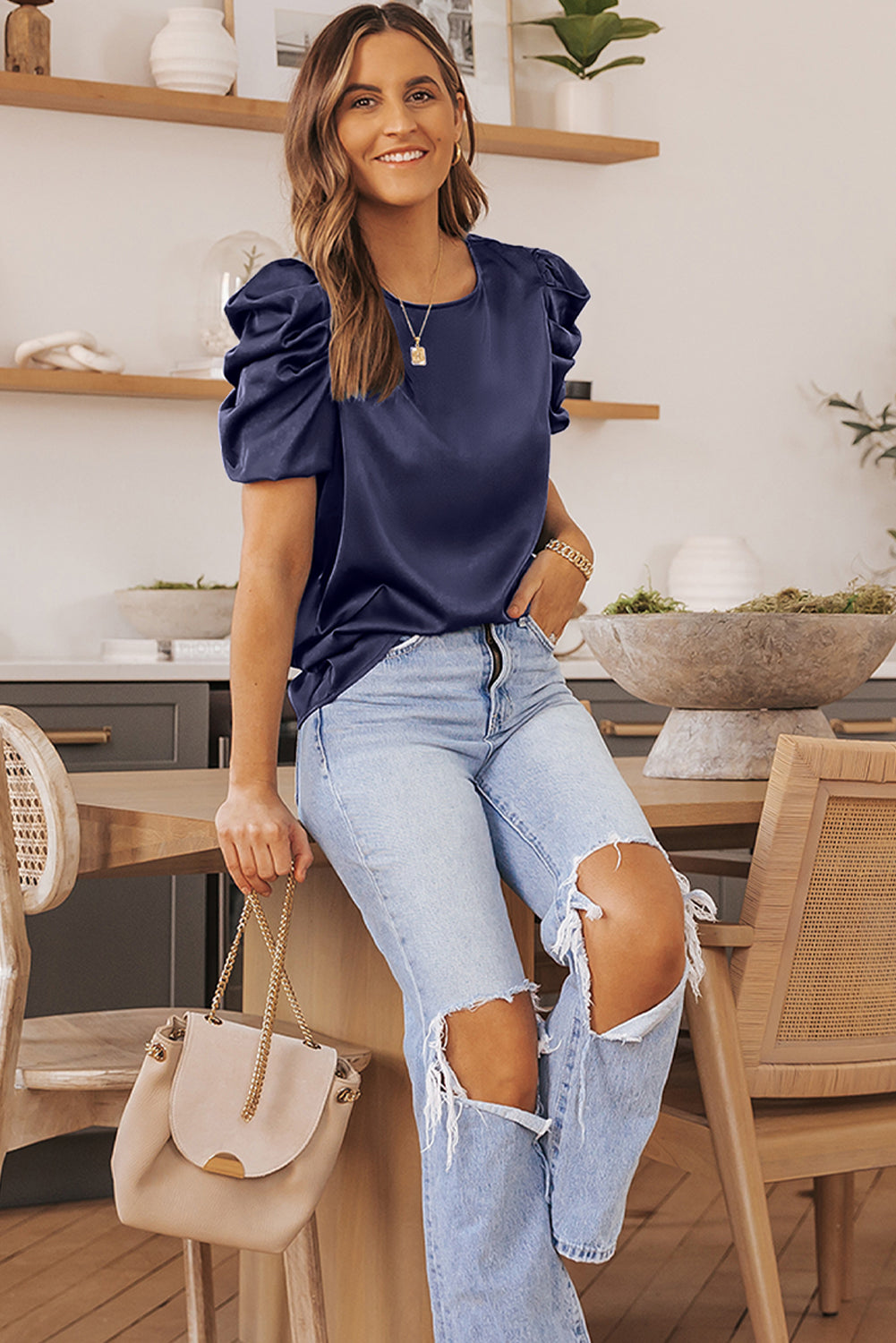 “The Regal” Puff Sleeve Round Neck Blouse