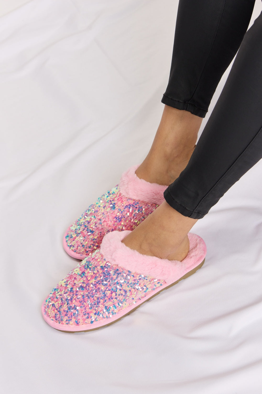 “The Pink Slip” Link Sequin Plush Round Toe Slippers