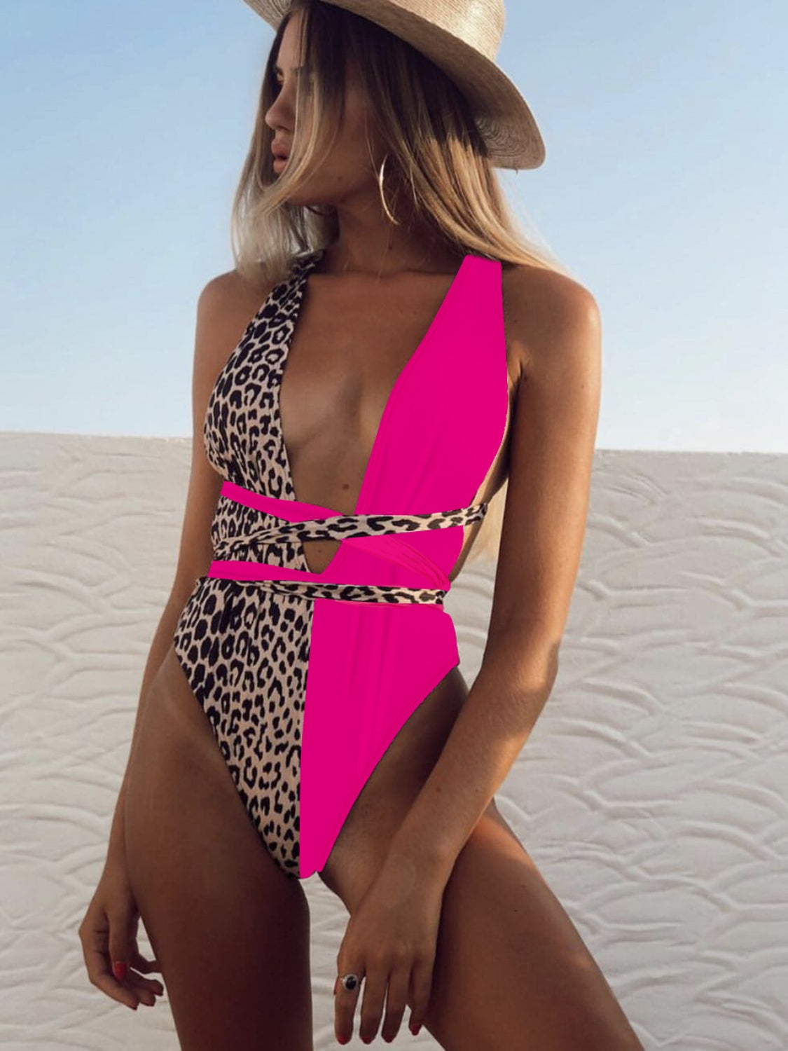 “The Totally Tied” Leopard Plunge One-Piece Swimwear