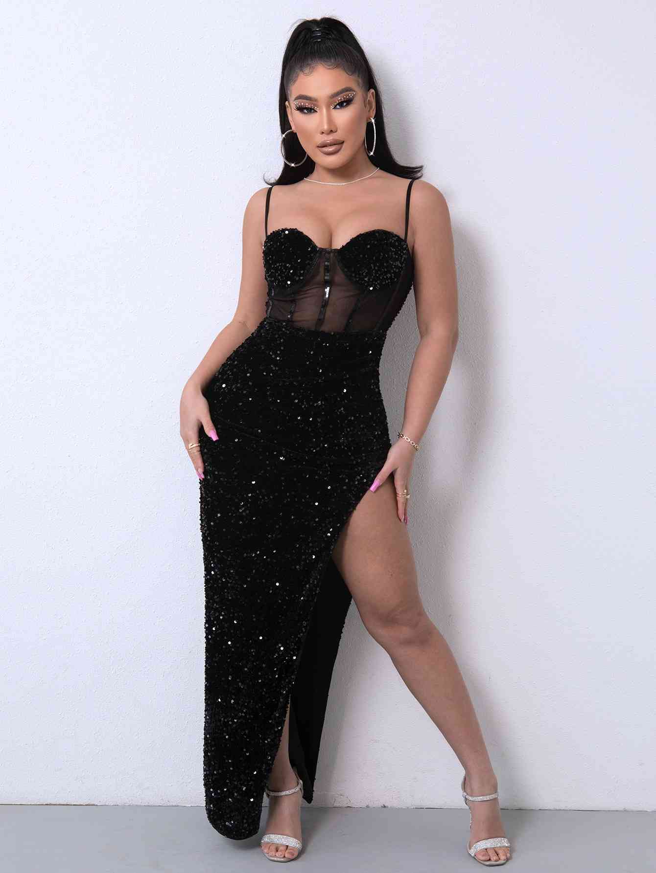 “The Jessica R” Sequin Spliced Mesh Adjustable Strap Dress