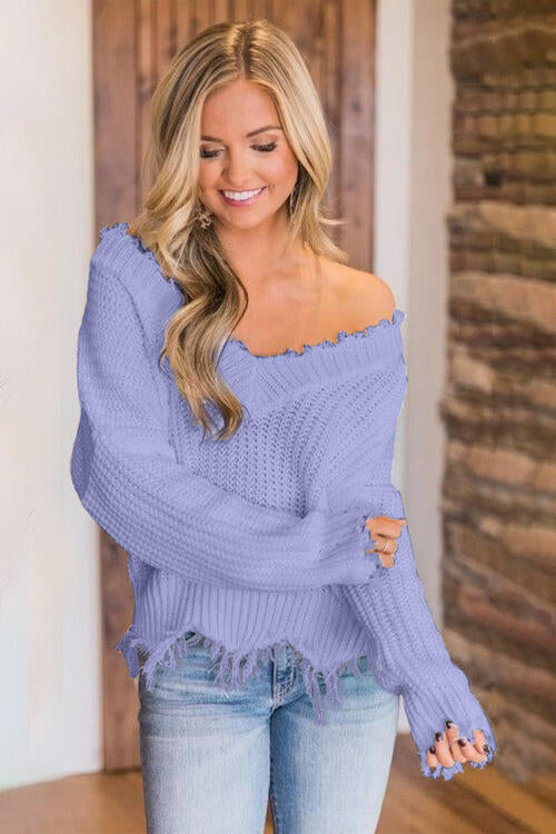 “The Deeply Loved” Frayed Hem Dropped Shoulder Sweater