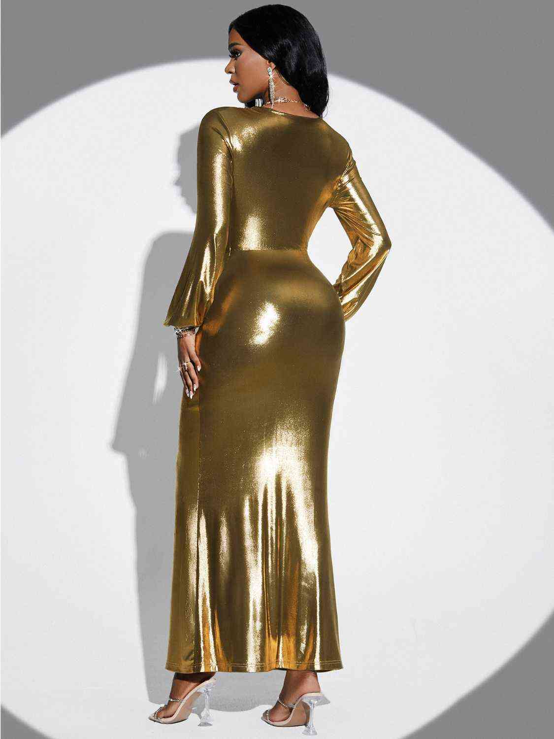 “The Golden Trophy” Plunge Twisted Slit Midi Dress