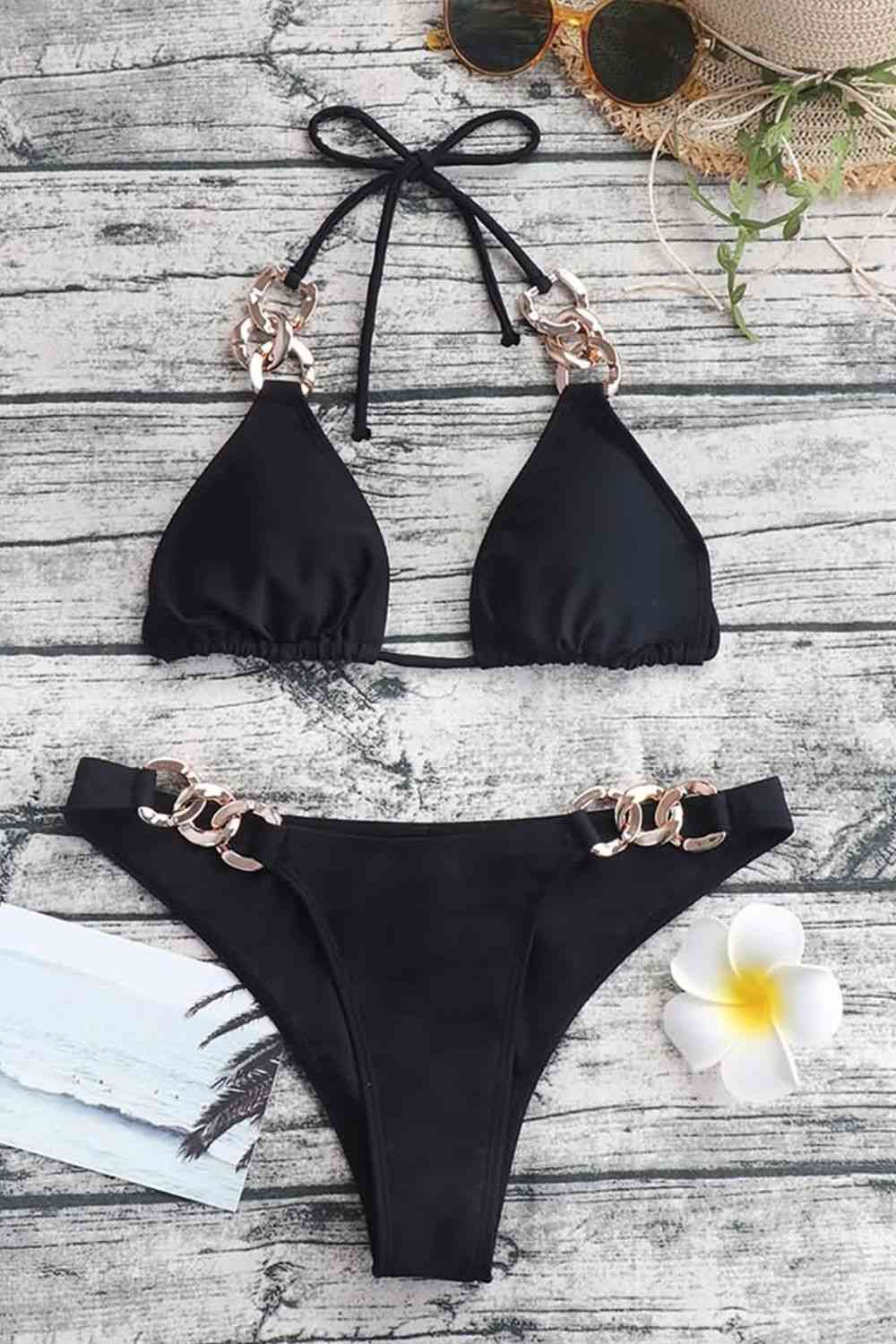 “The Hyper Class”Chain Detail Tied Halter Neck Bikini Set