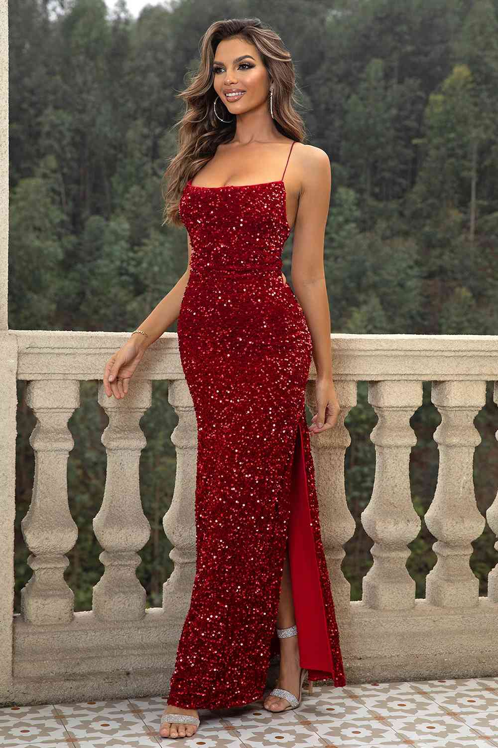 “The Jewel” Sequin Backless Split Maxi Dress