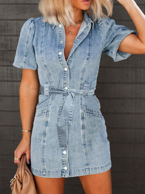 “The June” Puff Sleeve Button Up Mini Denim Dress