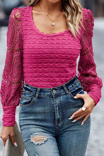 “The Open Arms” Openwork Scoop Neck Long Sleeve Blouse