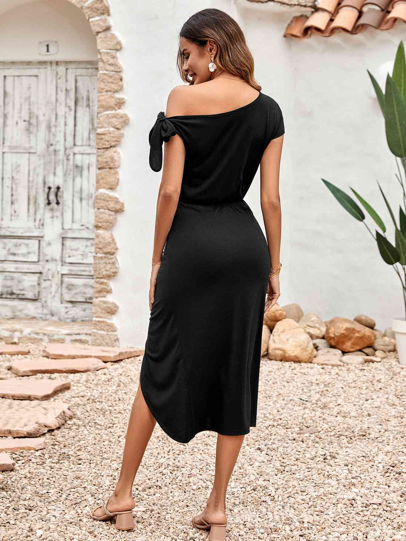 “The Roman” Asymmetrical Front Slit Midi Dress