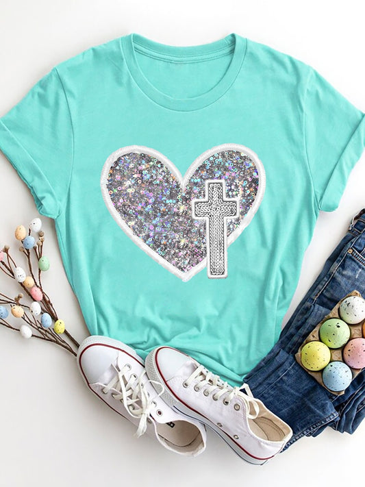 “The Glory” Sequin Heart Round Neck Short Sleeve T-Shirt