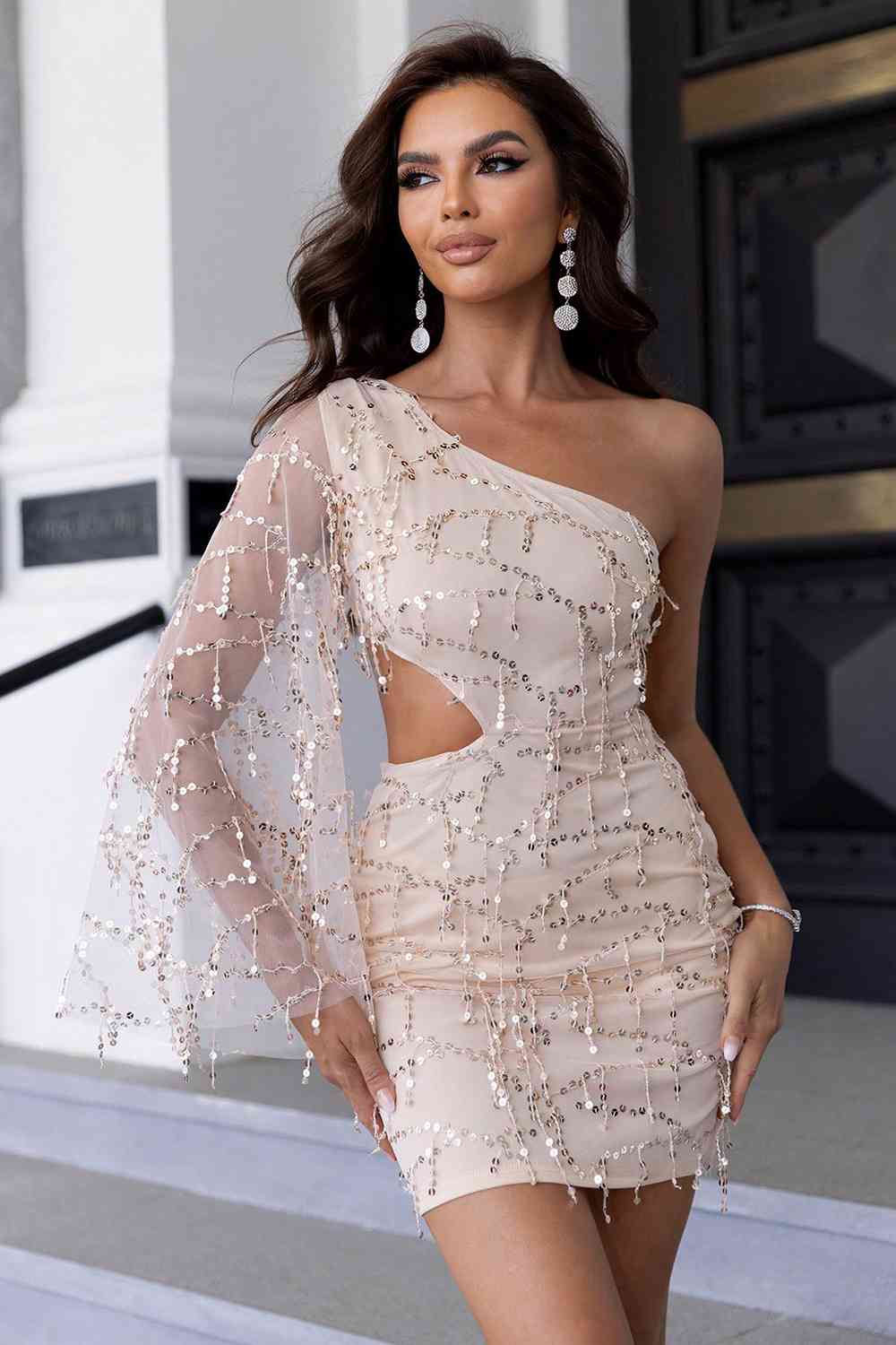 “The Selina” Sequin Cutout One-Shoulder Dress