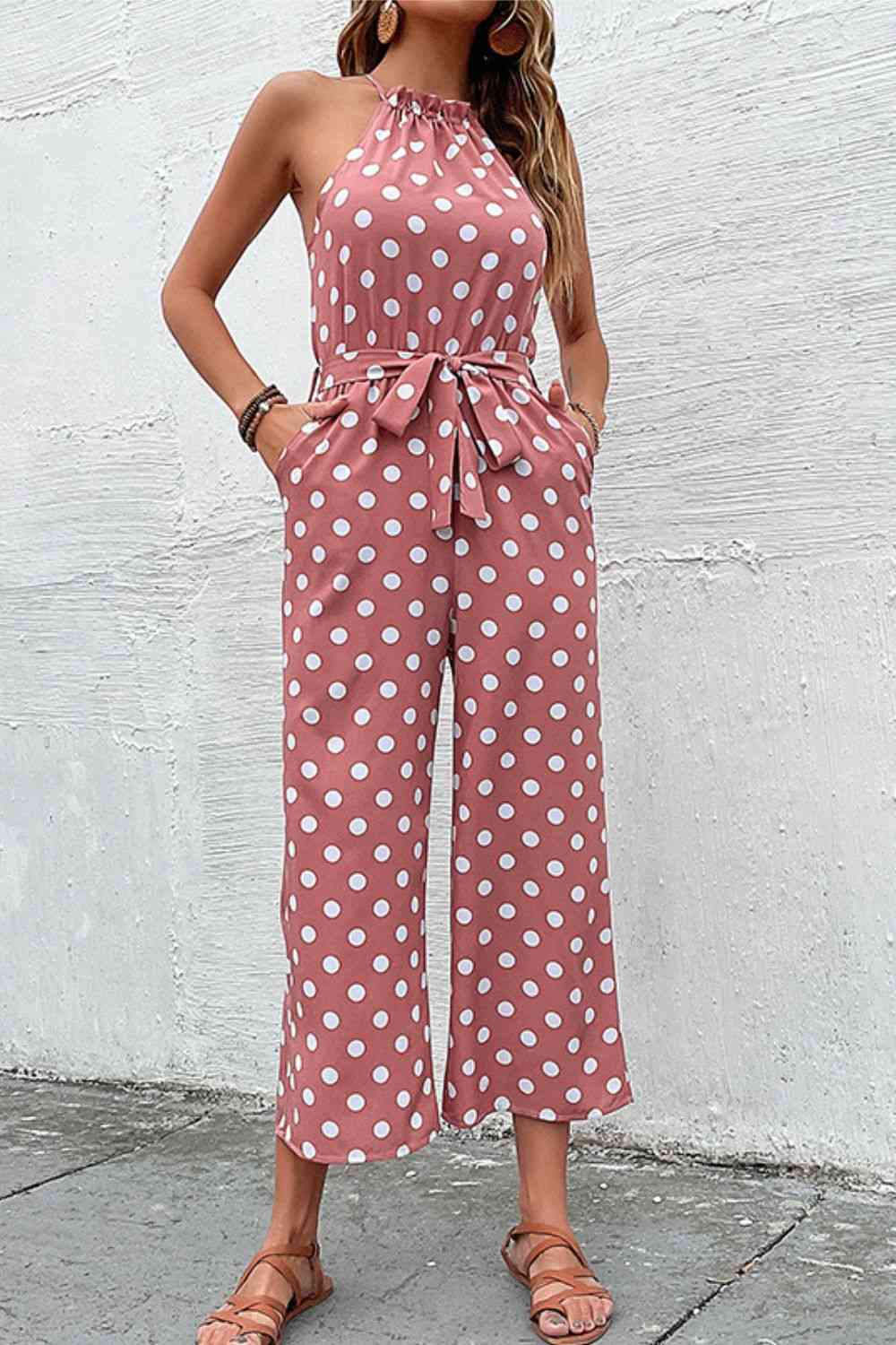 “The Corporate Picnic” Polka Dot Grecian Wide Leg Jumpsuit