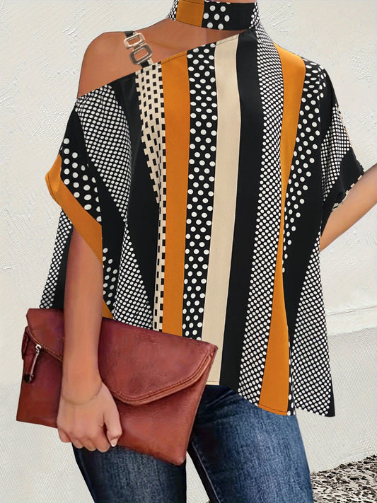 “The Safari Cutout” Color Block Mock Neck Blouse