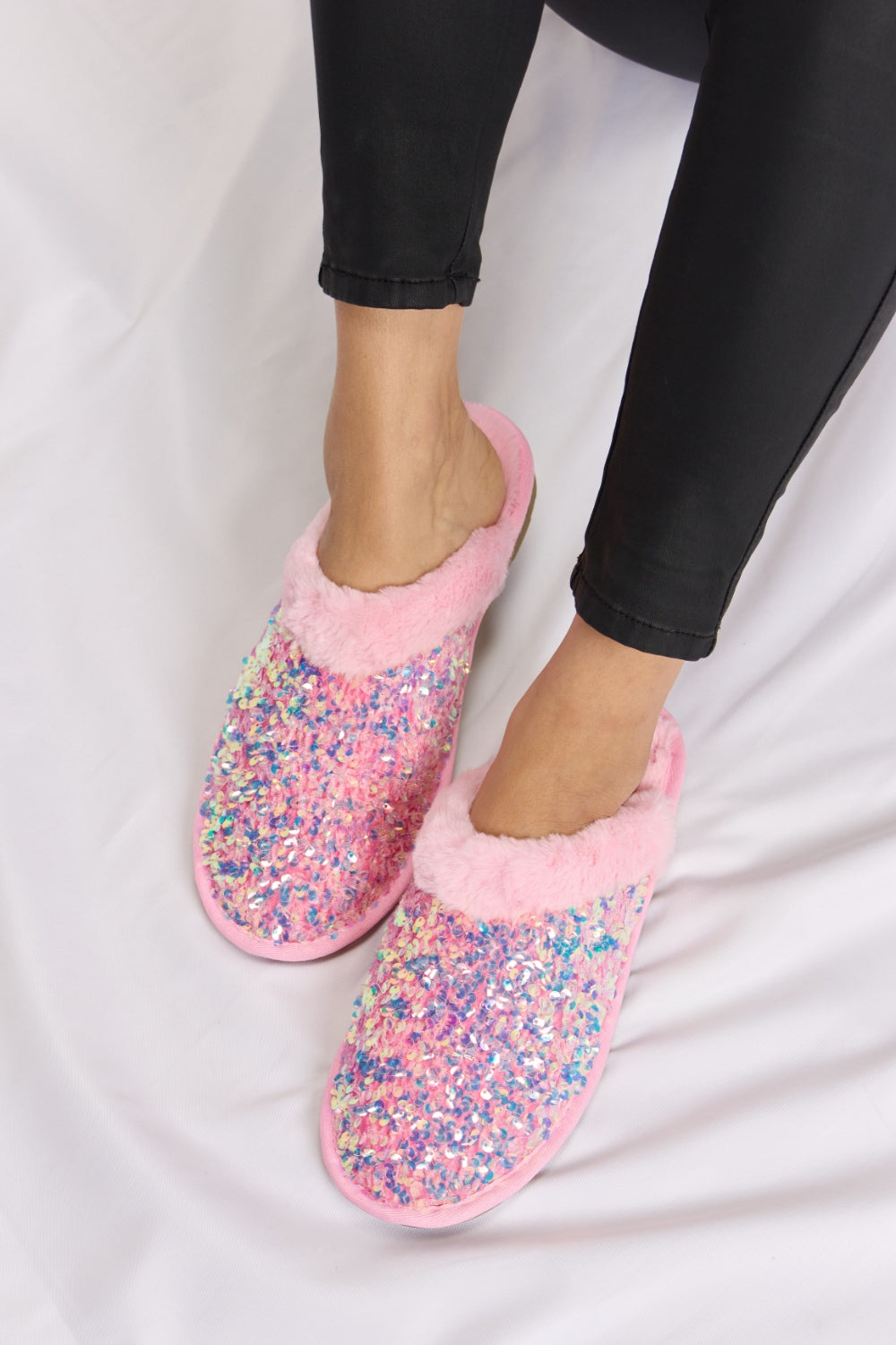 “The Pink Slip” Link Sequin Plush Round Toe Slippers