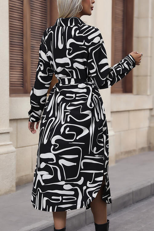 “The Timepiece” Printed Tie Front Collared Neck Slit Shirt Dress