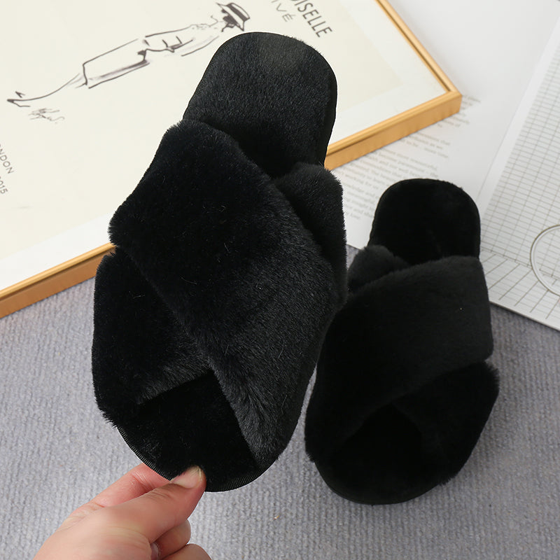 “The Softie” Faux Fur Crisscross Strap Slippers